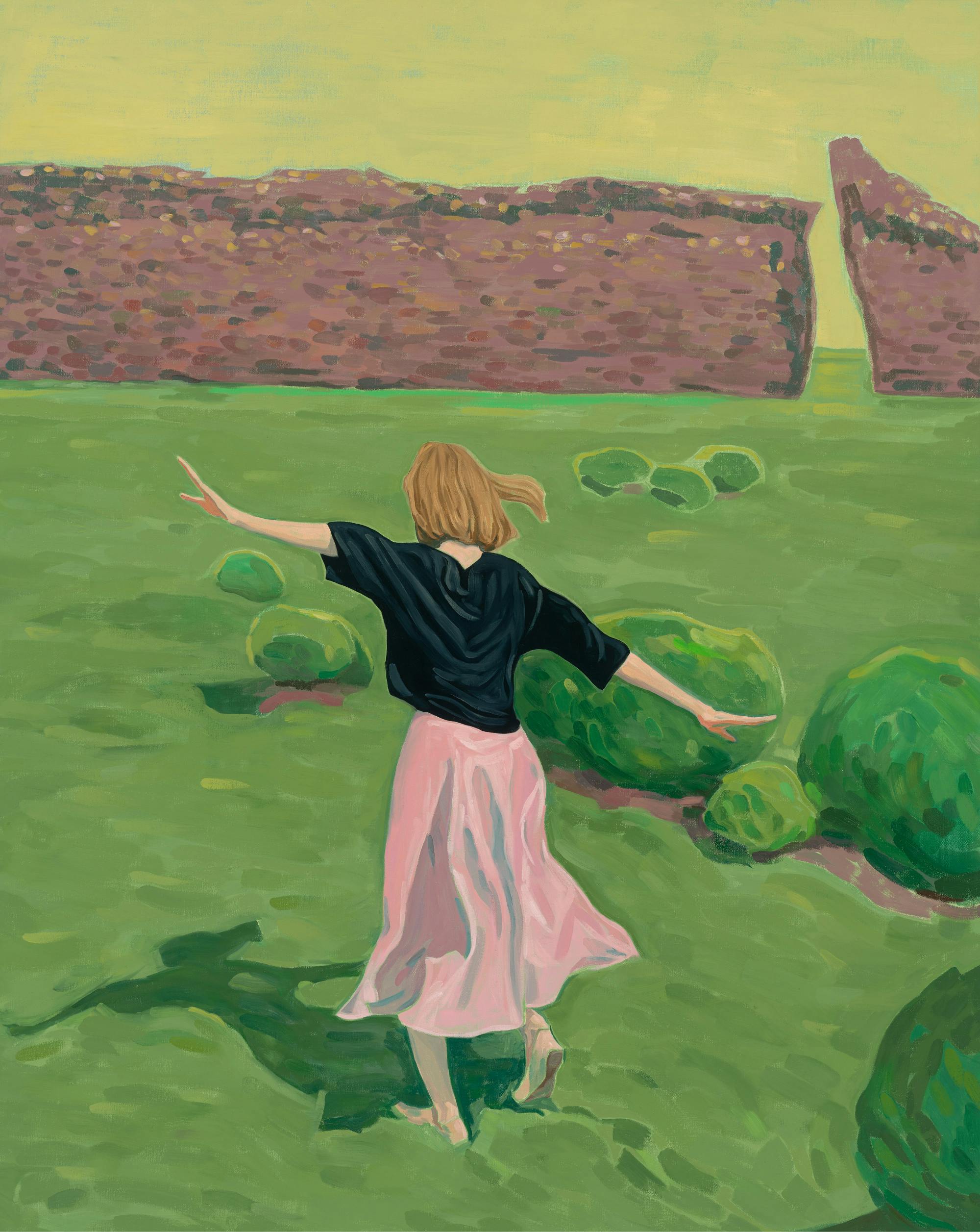 Dayan J, Figure in Green Field, 151x121cm, Oil on Linen