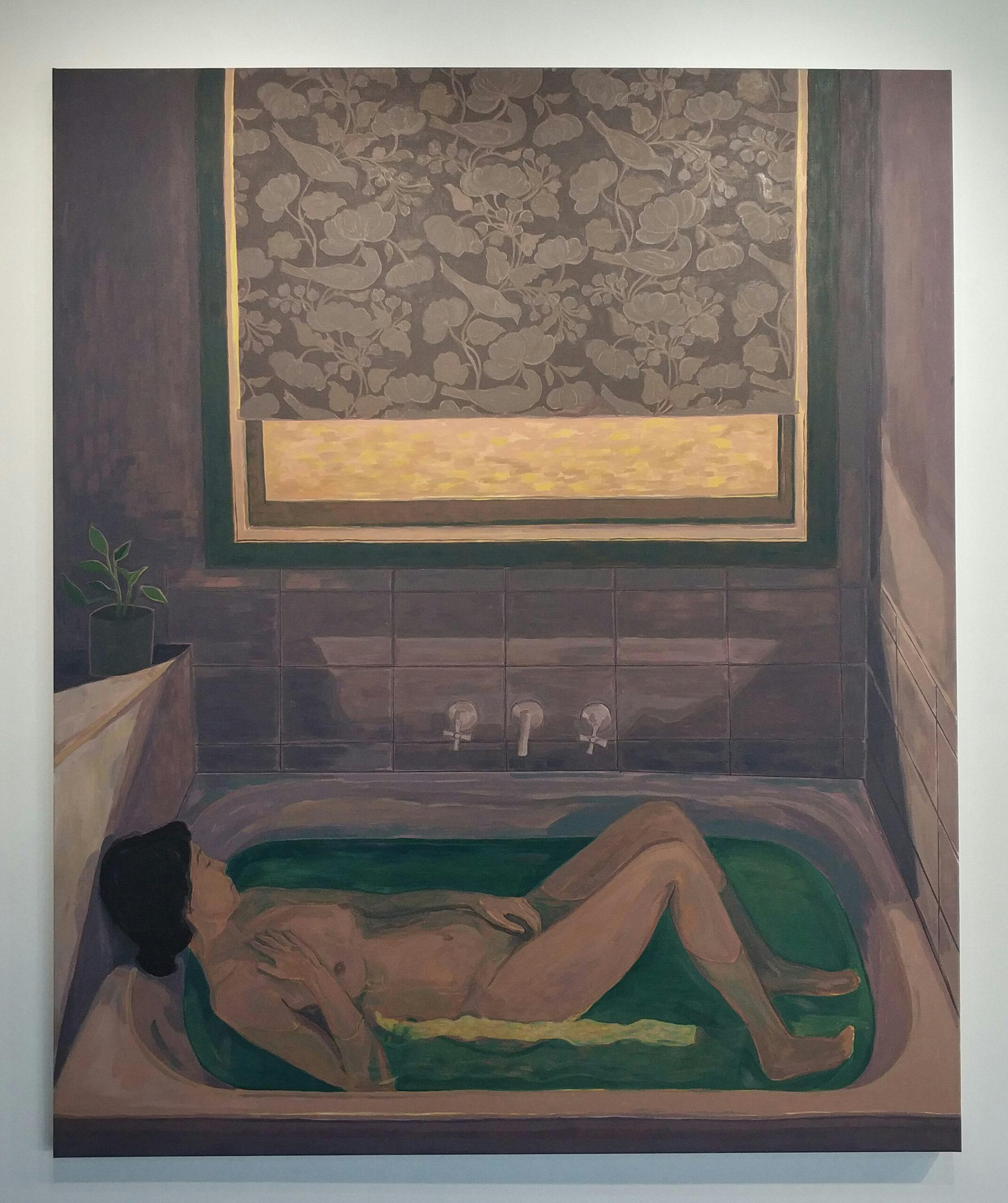 Dayan J, Mauve Bathroom, 180x150cm, Oil on Linen